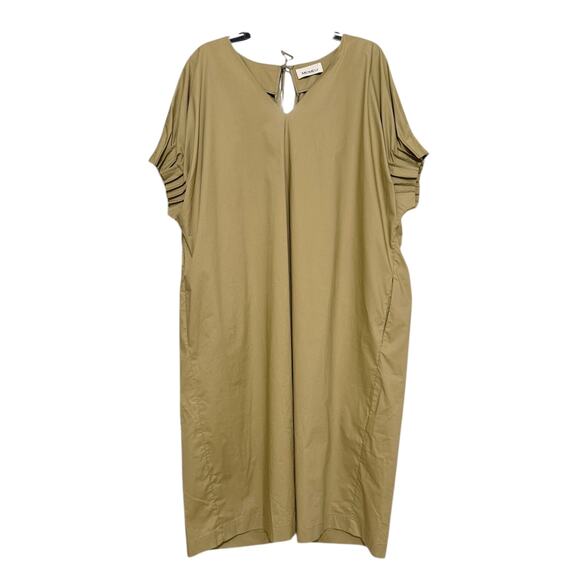 Meimeij Khaki Long Dress Pockets Vneck Short Sleeve Italian Lagenlook Fall M - Picture 7 of 10